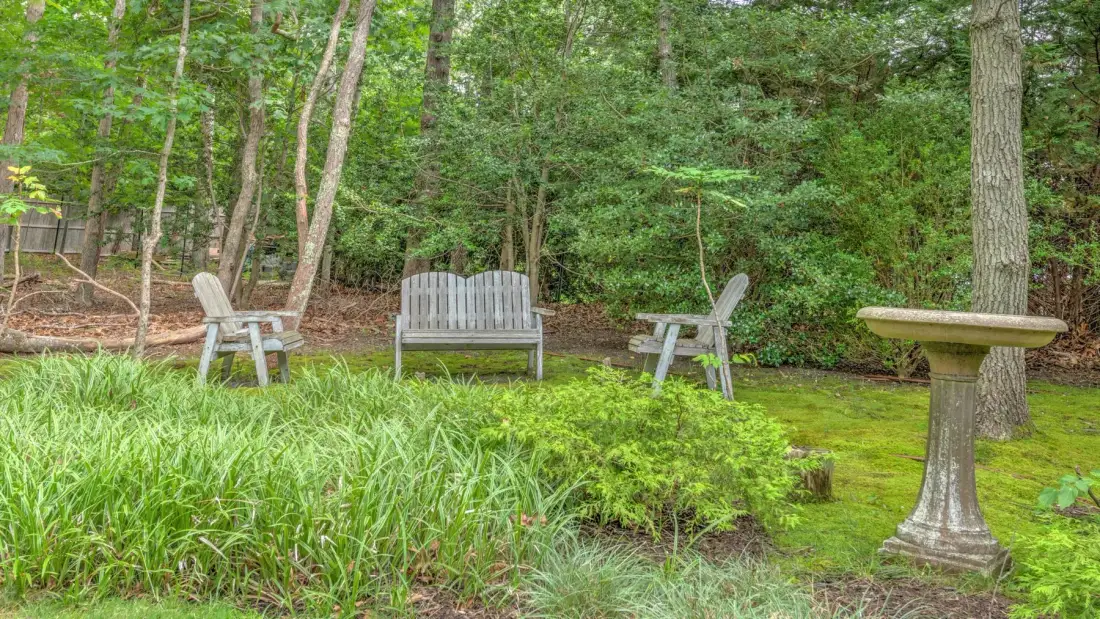A wooded garden seating area with chairs beside a stone birdbath.