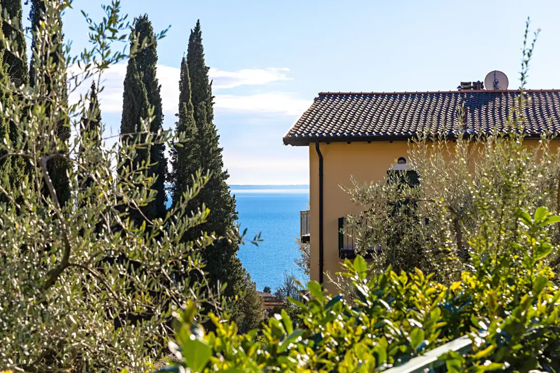 A house among trees overlooks the blue sea.