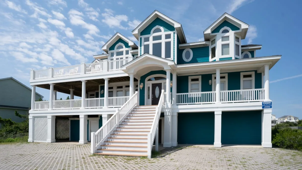 Una casa grande de color verde azulado, con molduras blancas y una amplia escalera exterior.