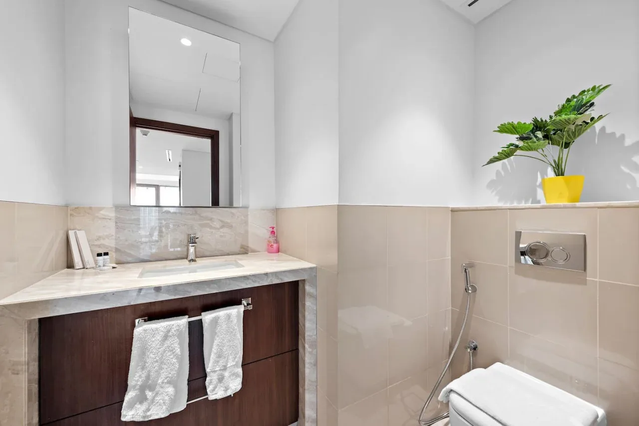 Un lavabo con espejo está junto a un inodoro suspendido y una ducha de mano.