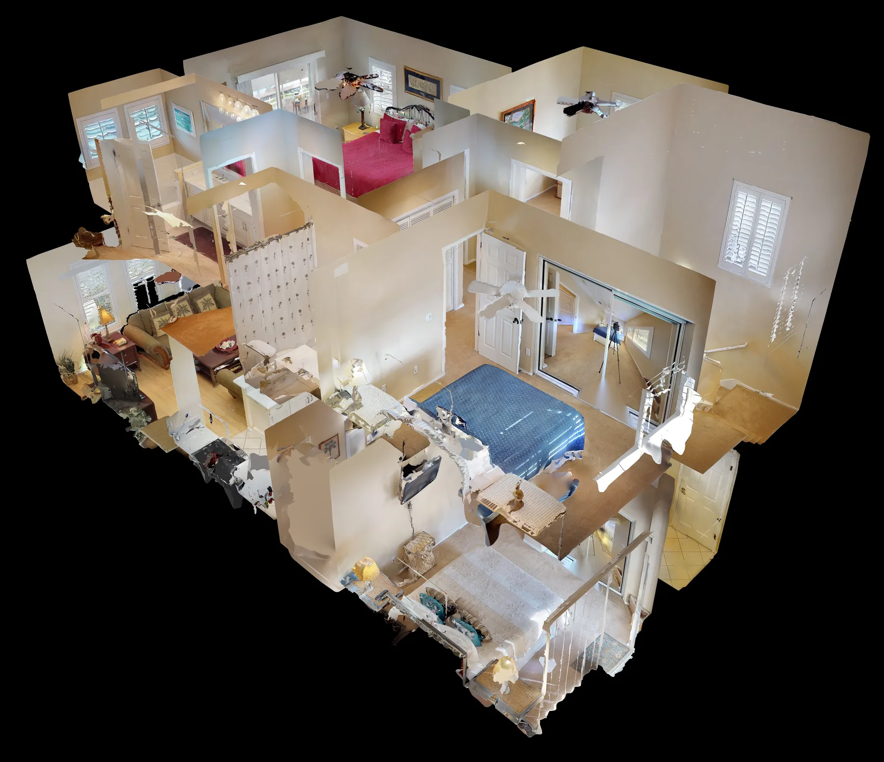 Una vista seccionada muestra varias habitaciones conectadas, incluido un dormitorio y un baño.