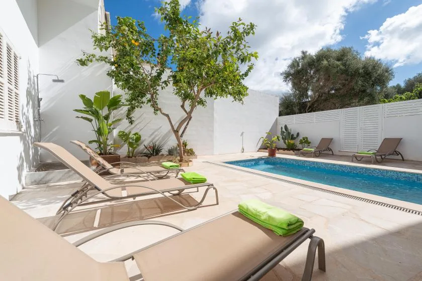 Una zona de piscina al aire libre con tumbonas y un árbol frondoso.