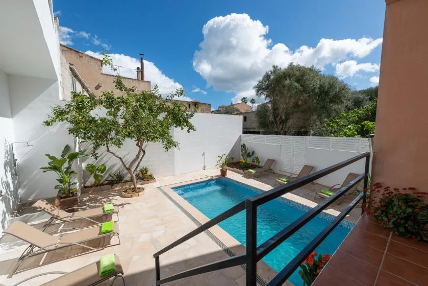 Una pequeña piscina exterior está junto a un patio pavimentado con asientos y vegetación.