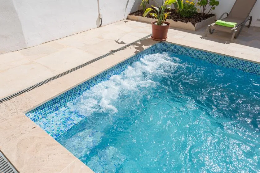 Una piscina exterior de azulejos con agua burbujeante junto a una planta en maceta.