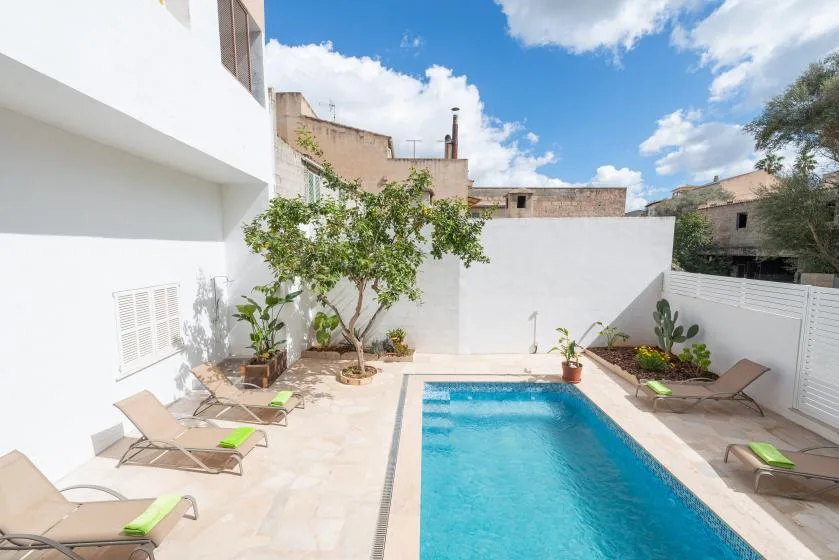 Una piscina de patio está rodeada de asientos, plantas y paredes blancas.