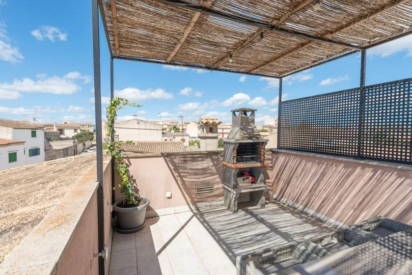 Una terraza en la azotea tiene un toldo tejido, una planta en maceta y una parrilla.