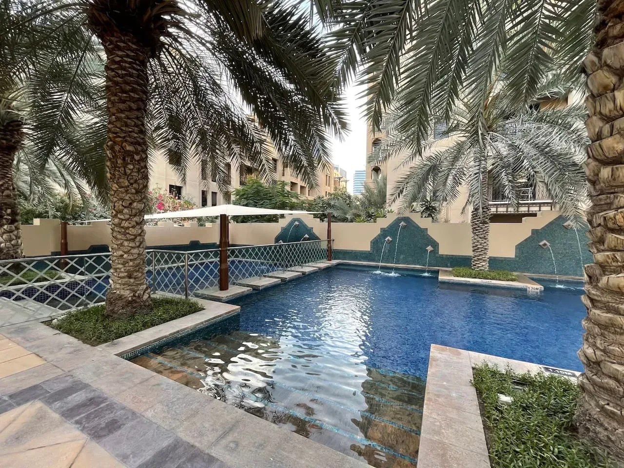 Una piscina está rodeada de palmeras y senderos ajardinados.