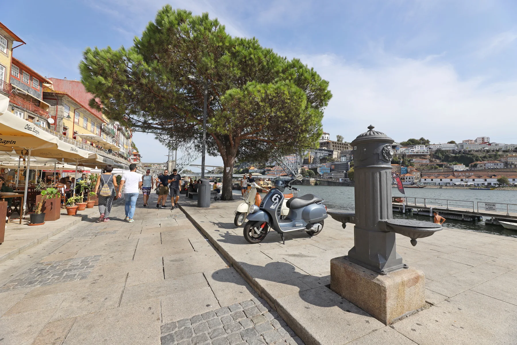 A waterfront promenade with outdoor cafés, a tree, and a drinking fountain.