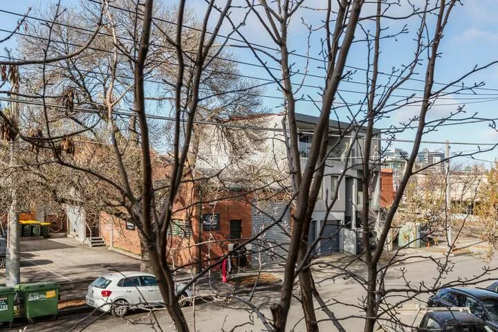 A street scene with parked cars and leafless trees in front of buildings.