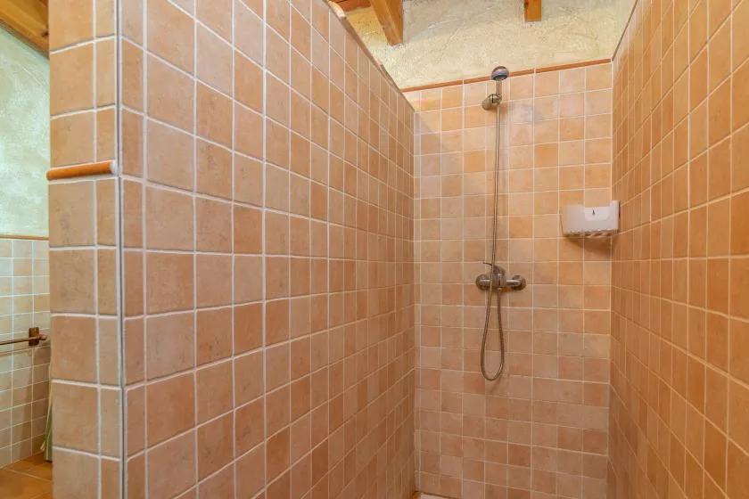 Una zona de ducha alicatada con ducha y controles montados en la pared.