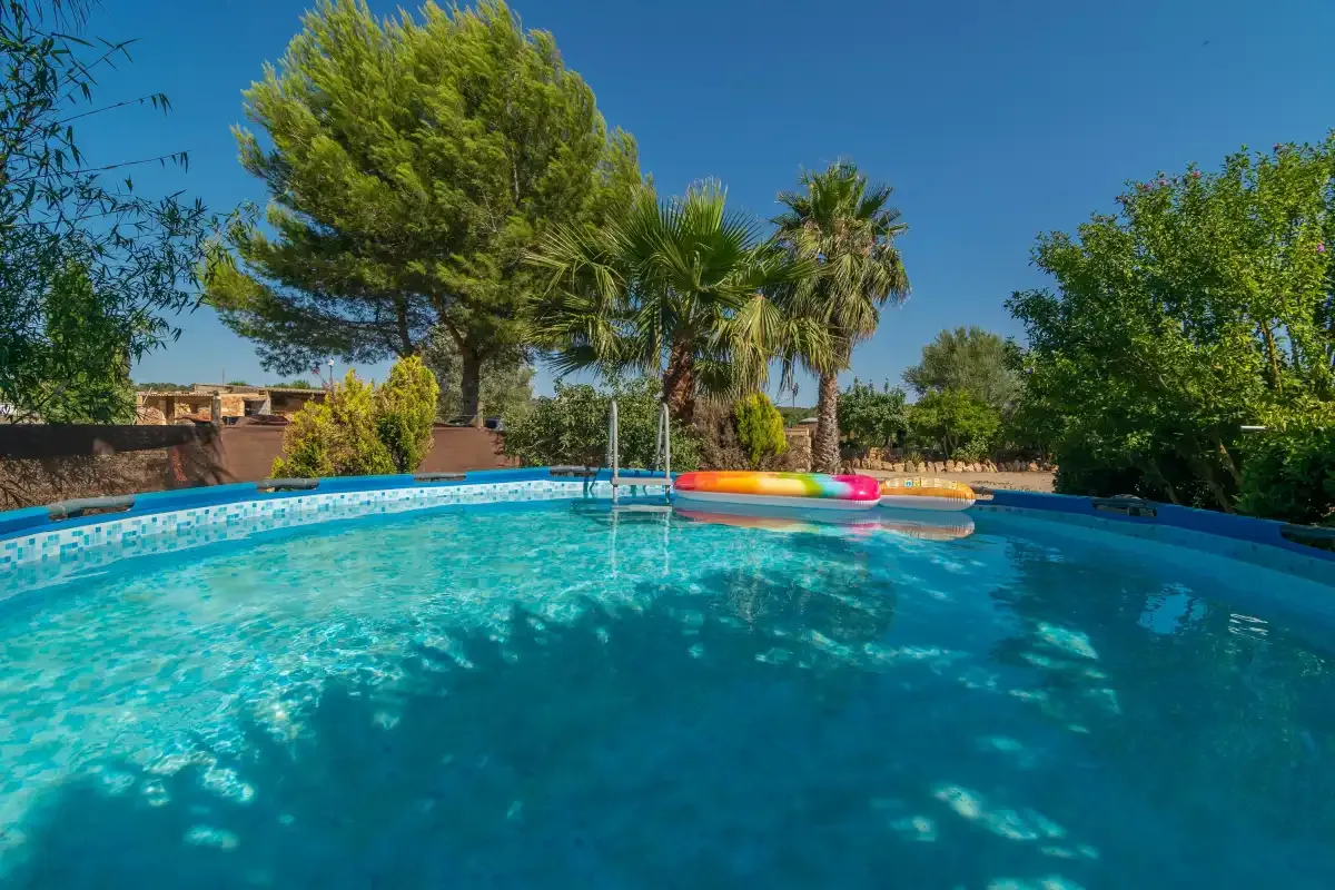 Una piscina al aire libre está rodeada de árboles bajo un cielo despejado.