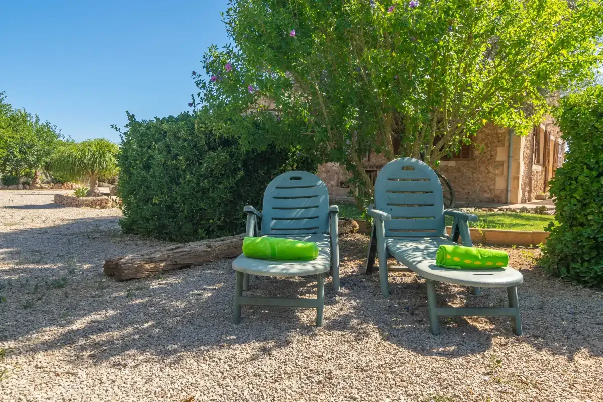 Una zona de estar al aire libre con dos tumbonas bajo árboles frondosos.