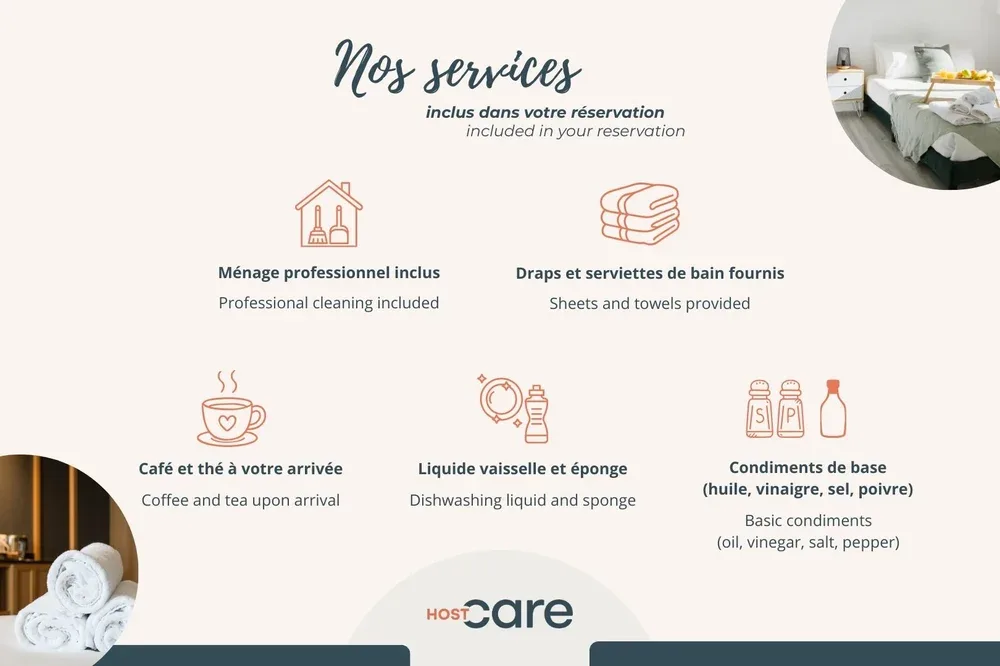 A services information graphic lists cleaning, linens, refreshments, dish soap, and basic condiments.