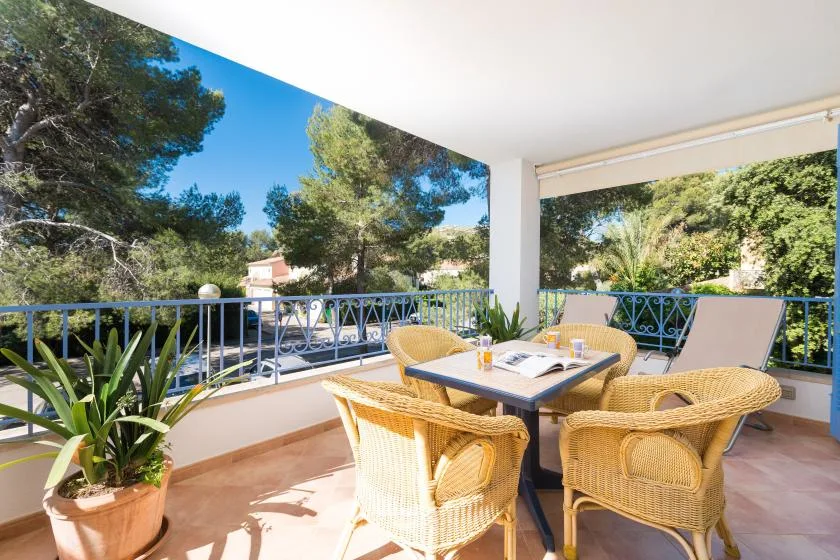 A covered terrace with wicker seating and a table overlooks leafy trees.