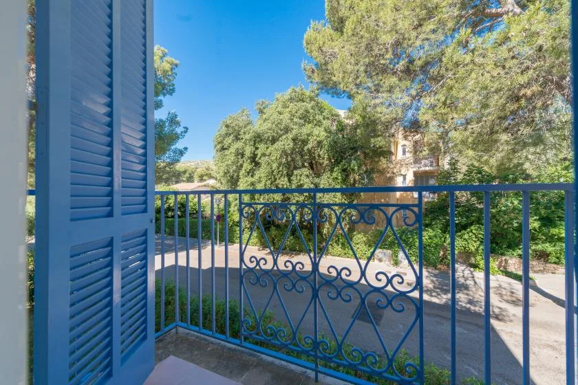A balcony overlooks a tree-lined path, with a blue metal railing in the foreground.