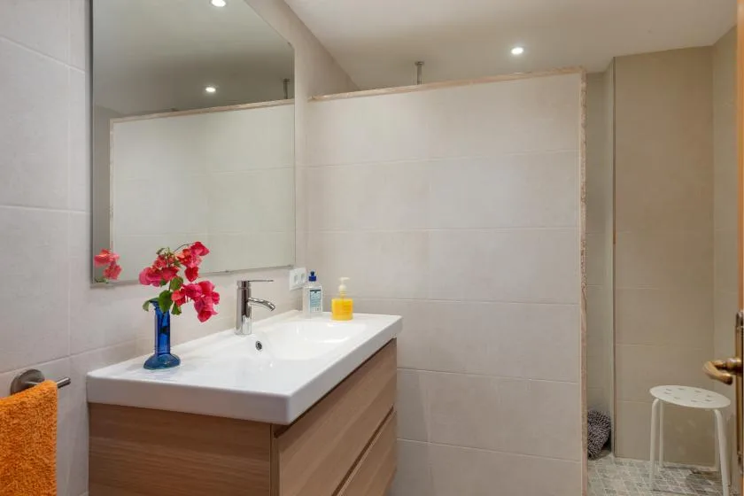 Un tocador de baño con lavabo, espejo y flores rojas.