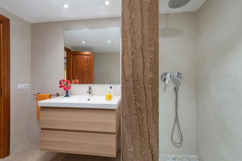 Un lavabo de baño y un espejo están junto a una ducha.