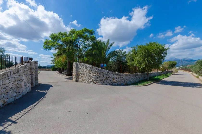 Un camino pavimentado bordea muros bajos de piedra y árboles frondosos bajo un cielo azul.