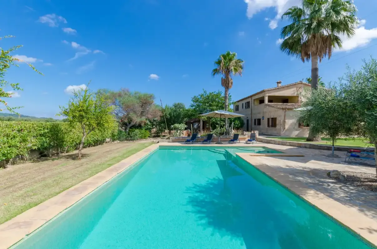 Una piscina al aire libre junto a una casa, con palmeras y vegetación de jardín.