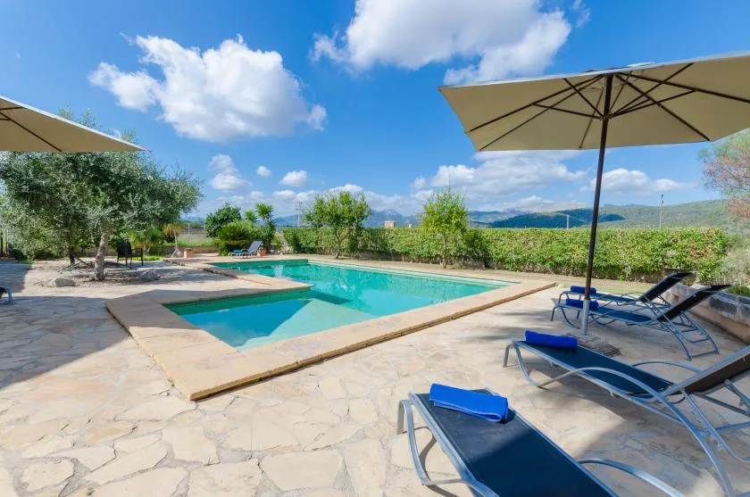 Una piscina al aire libre está rodeada por un patio de piedra y asientos de descanso.