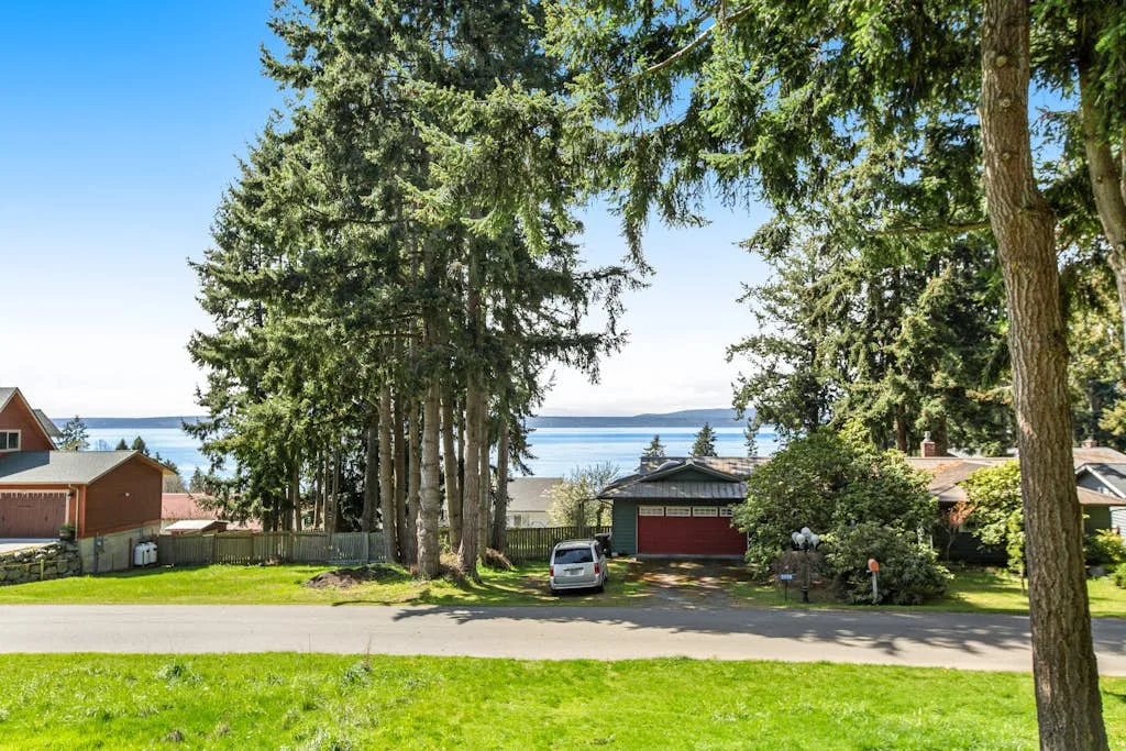 A tree-lined residential street overlooks the water, with houses and a parked vehicle.