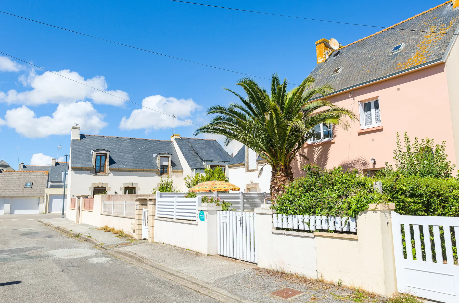 A quiet residential street with pastel houses, white gates, and a palm tree.