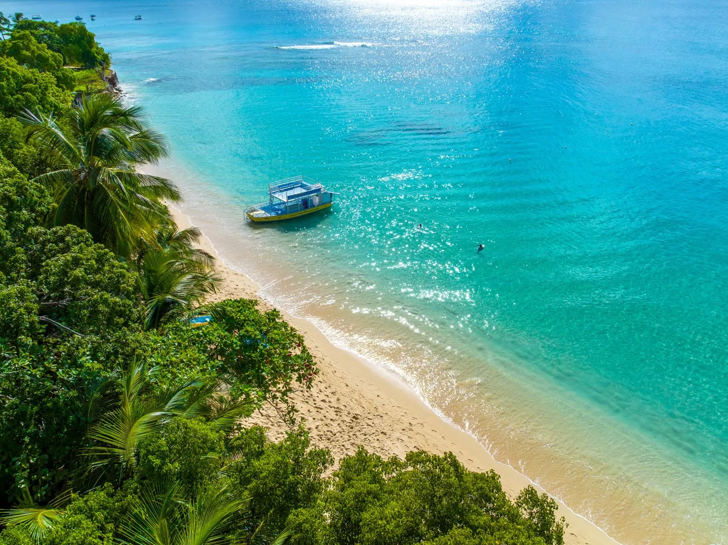 Una playa tropical se curva junto a aguas turquesas y una frondosa vegetación.