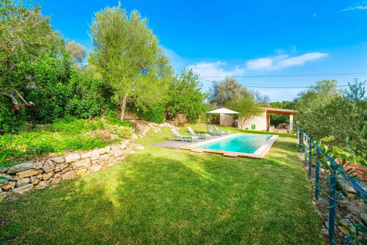 A garden with a swimming pool, lawn, and trees.