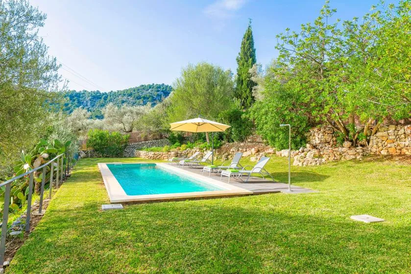 An outdoor swimming pool sits beside lawn and lounge seating.