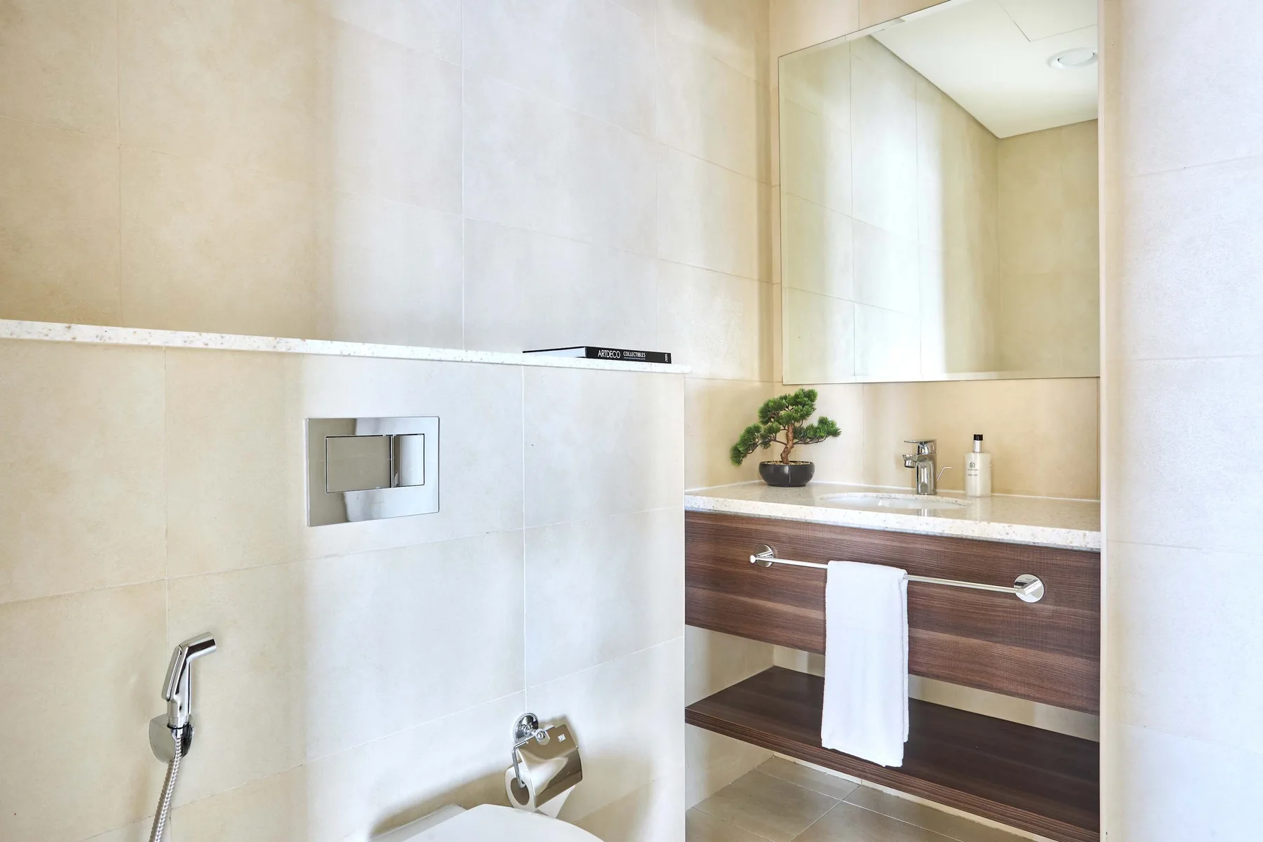 A bright tiled bathroom with a wall-mounted toilet and a wide vanity mirror.