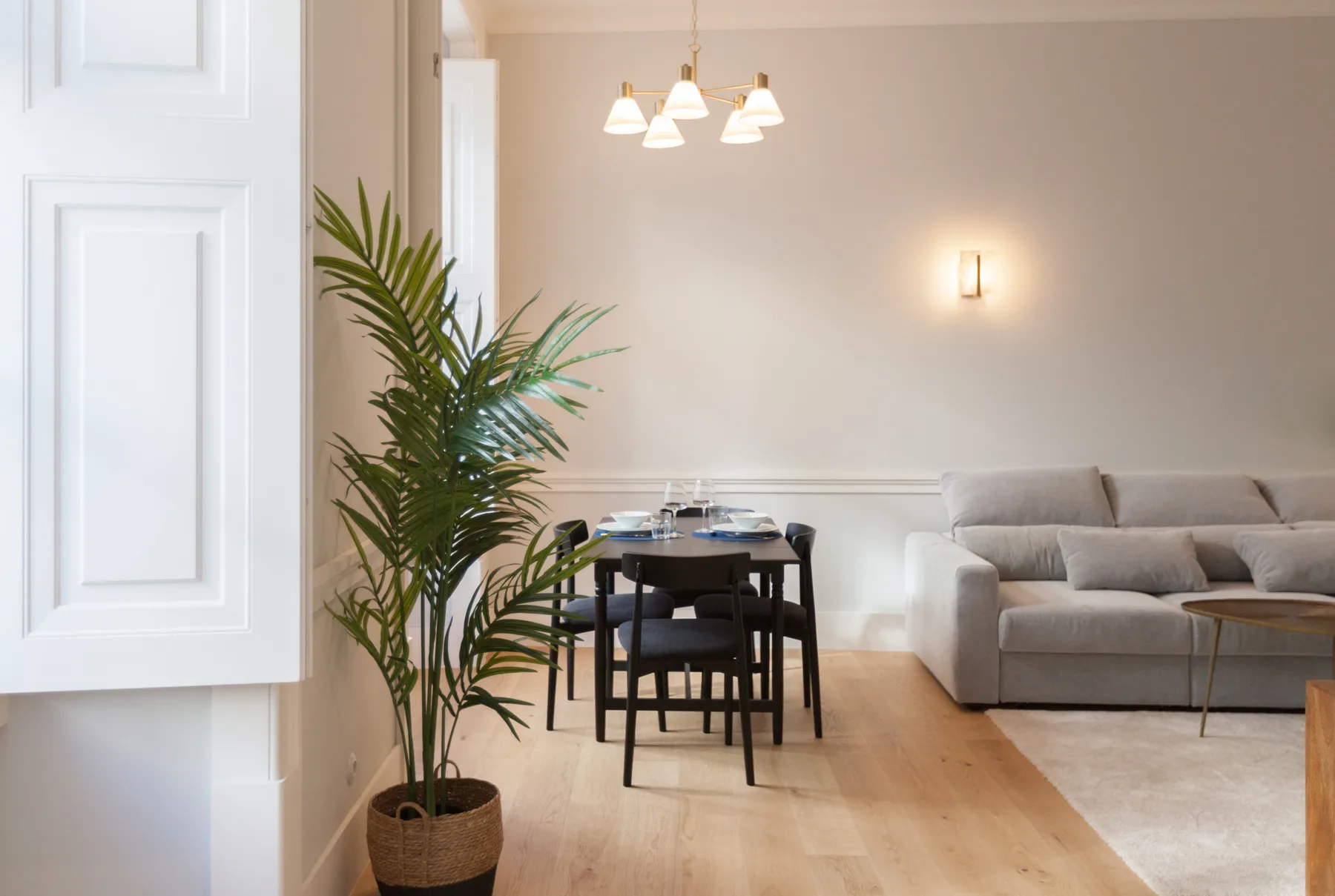 Zona de comedor y estar con una mesa, asientos y una planta en maceta.