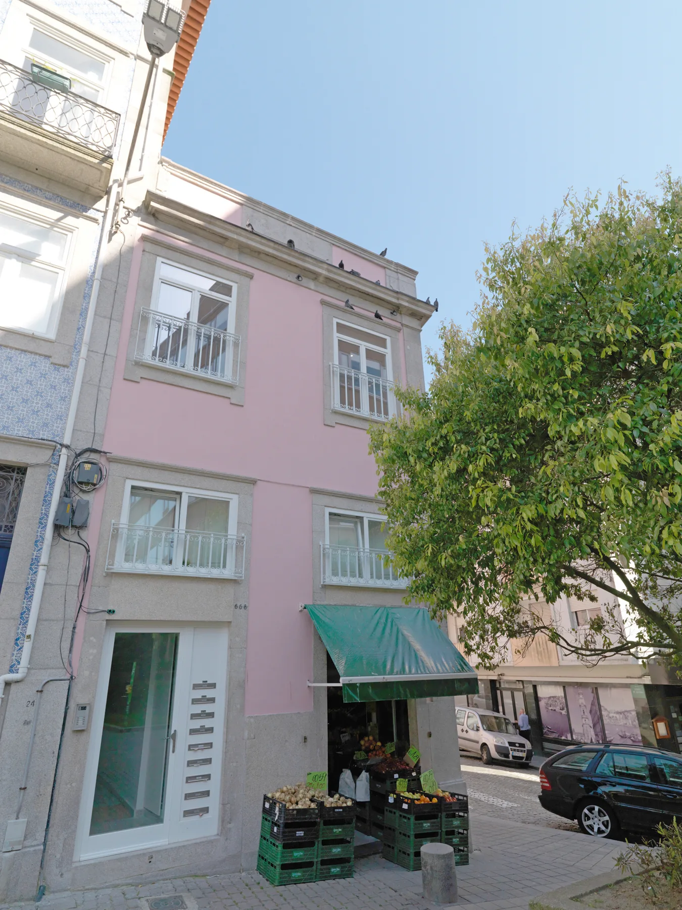 Edificio rosa a pie de calle con un toldo verde y un árbol frondoso al lado.