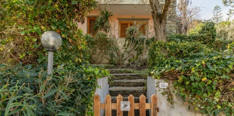 A garden path leads to a wooden gate, surrounded by dense greenery.