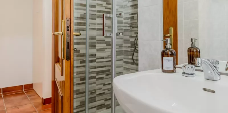 A bathroom vanity and sink stand beside a glass-enclosed shower.