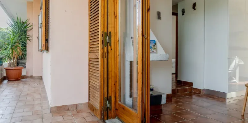 A tiled entryway with an open wooden doorway and a potted plant.