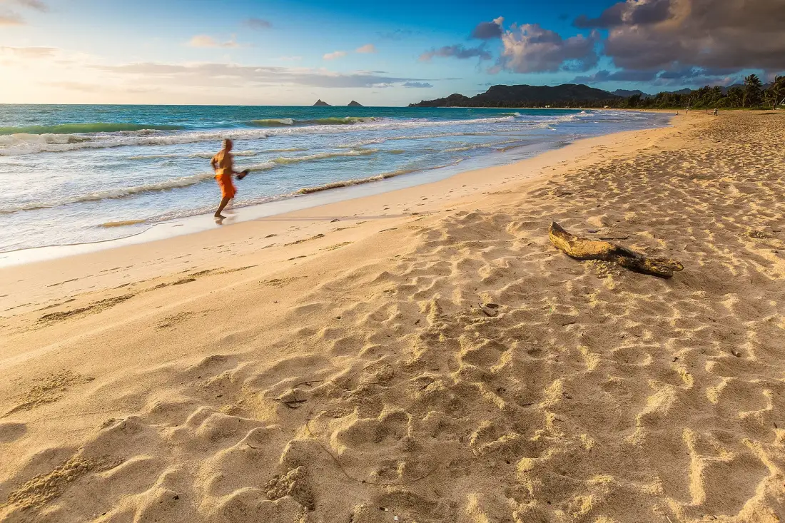 A sandy beach meets the ocean, with a person walking along the shoreline.