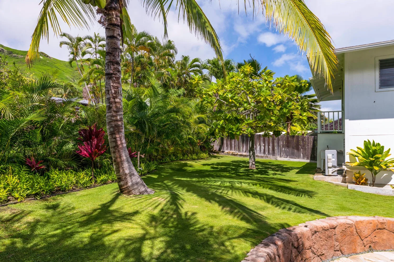 A landscaped tropical garden with palm trees and a grassy lawn beside a building.