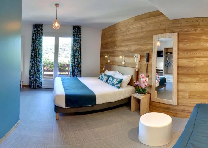Hotel room with mountain panorama