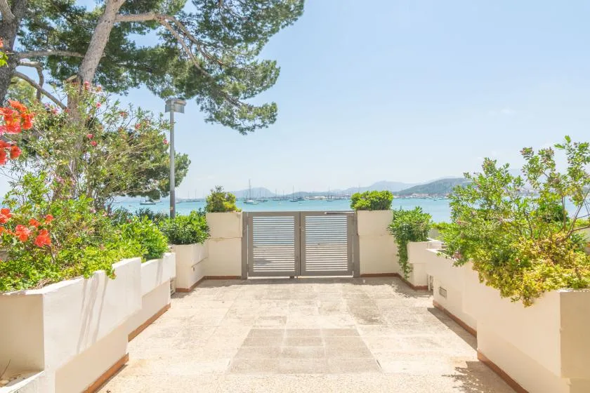 A sunlit terrace opens toward a coastal view, with planters lining the walkway.