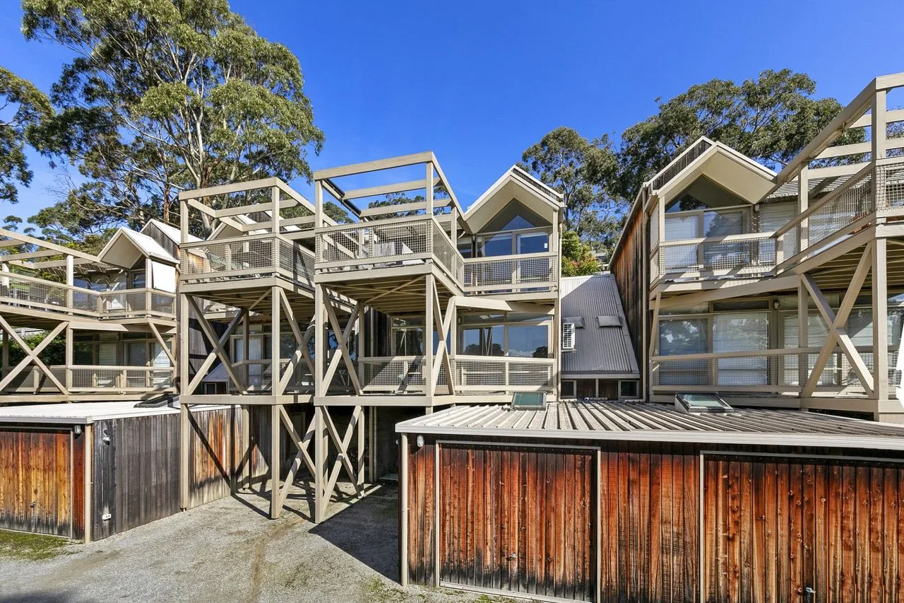 Elevated timber buildings with balconies stand among leafy trees under a clear blue sky.
