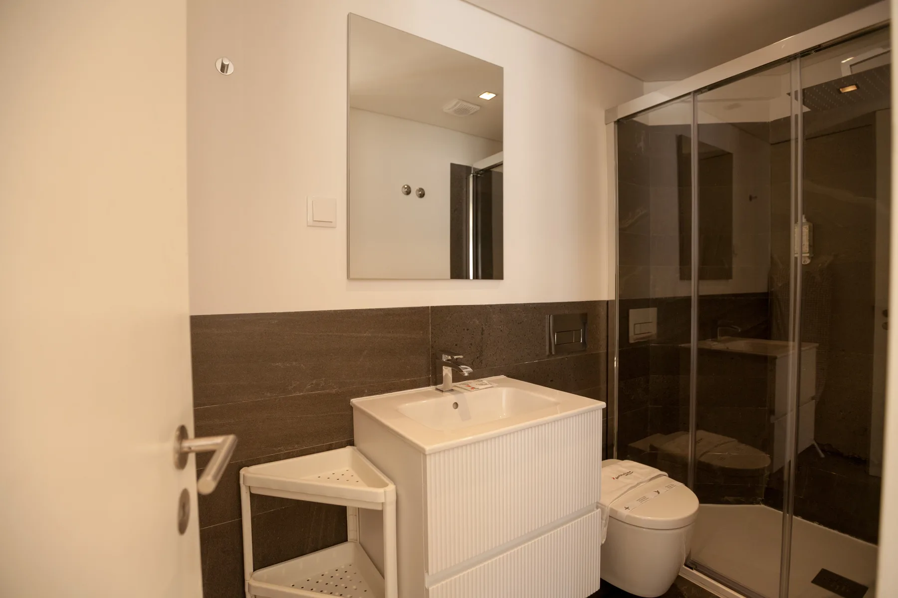 Un baño con lavabo, espejo, inodoro y ducha de vidrio.