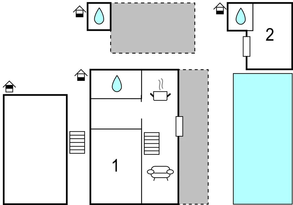 Un plano sencillo muestra varias habitaciones, un elemento de agua y una gran zona rectangular azul.