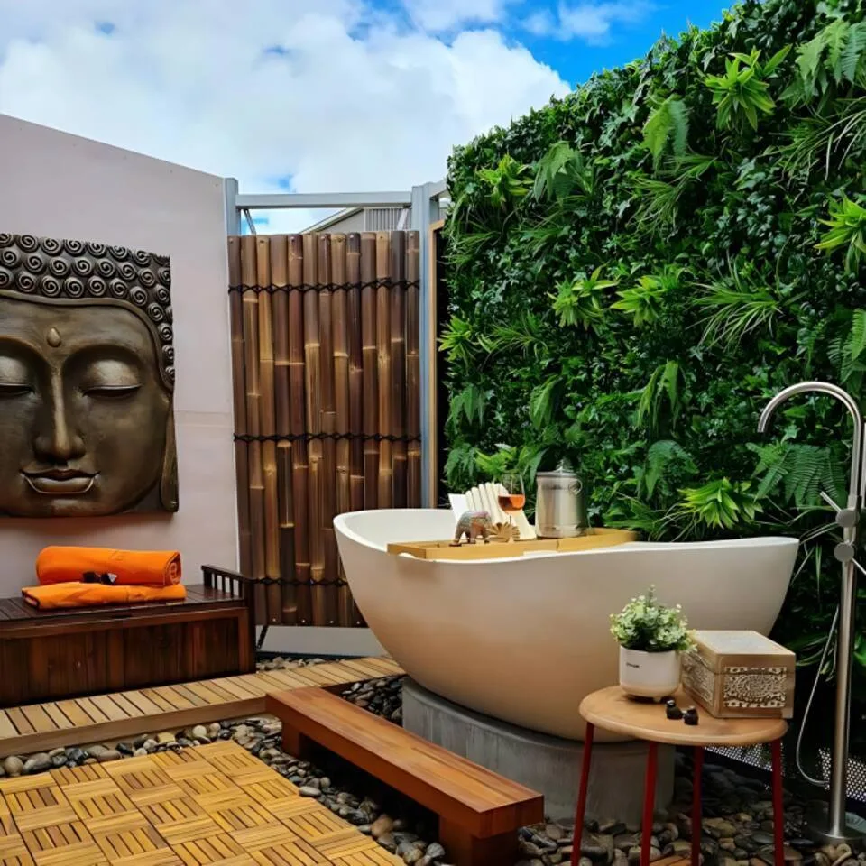 Rincón de baño al aire libre de inspiración balinesa, rodeado de bambú y vegetación.