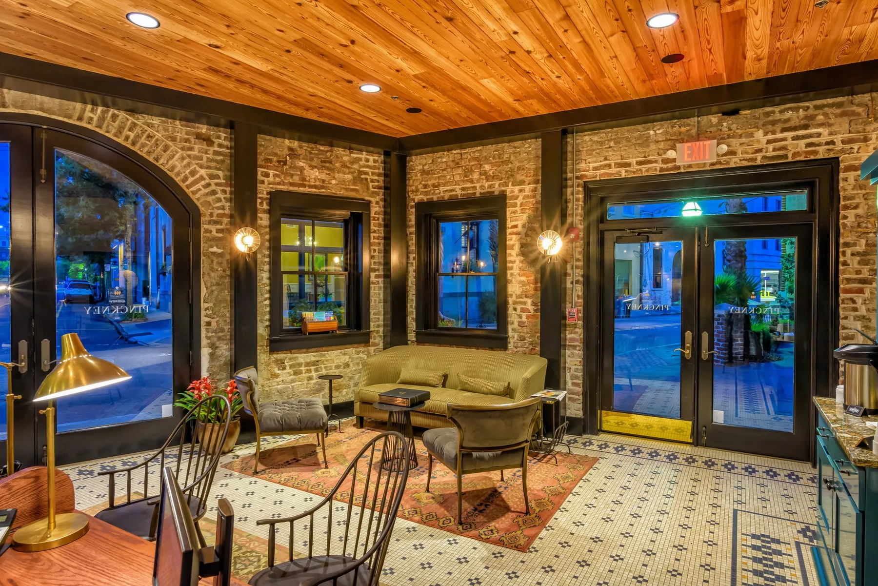 Inn lobby seating by a fireplace