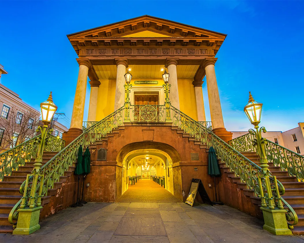 Inn exterior with green railing
