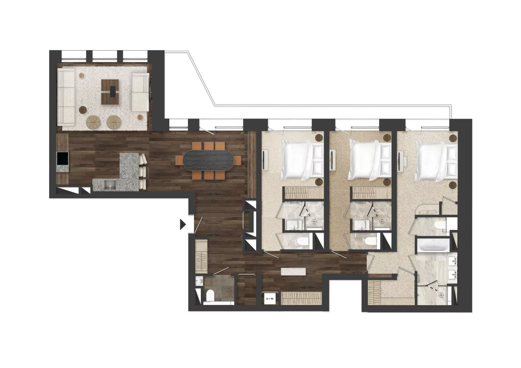A furnished apartment floor plan shows a living and dining area beside several bedrooms.