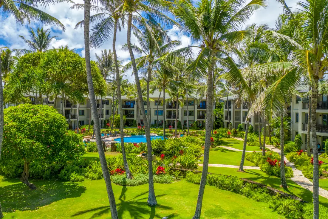 A tropical hotel courtyard with palm trees, landscaped gardens, and a swimming pool.