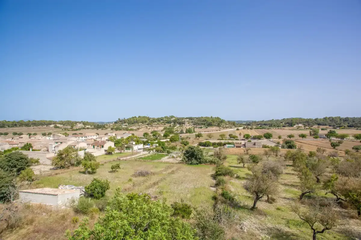 A rural landscape with scattered houses, fields, and trees beneath a clear sky.