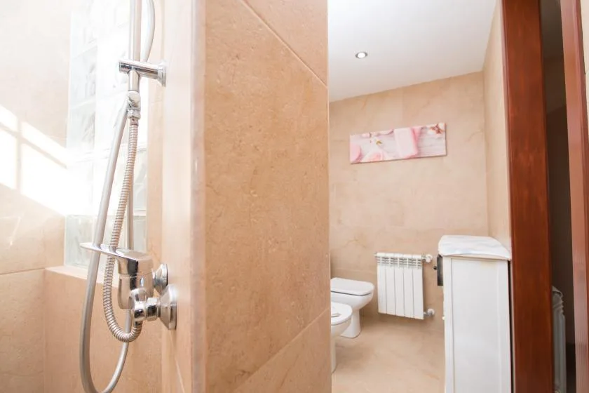 A tiled bathroom with a shower, toilet, and wall-mounted radiator.
