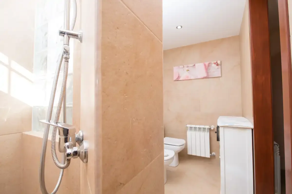 A bathroom with a shower, toilet, radiator, and cabinet.